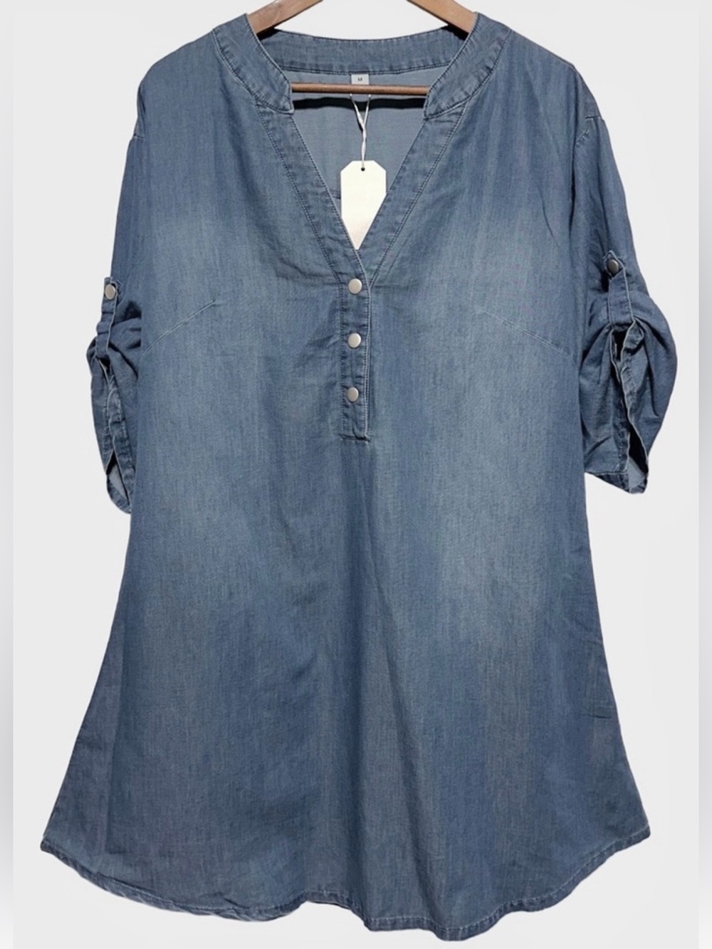 Chambray Denim Swing Tunic Dress Roll Tab Minimalist Coastal Casual M